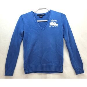 Ralph Lauren Sport Big Pony Embroidered Polo Match Logo Blue V-neck sweater Sz M